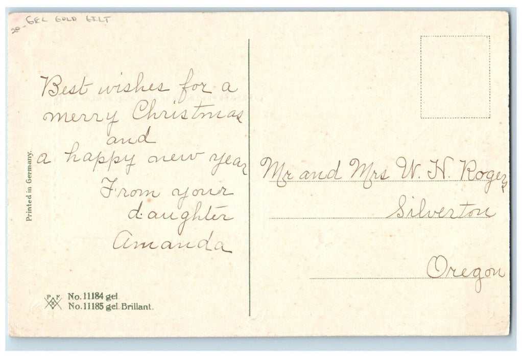 c1910's Christmas Wishes Winter House Berries Gel Gold Gilt Antique Postcard