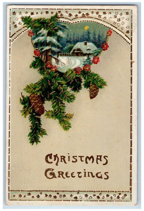 Christmas Greetings Pine Cone House Winter Gel Gold Gilt Embossed Postcard