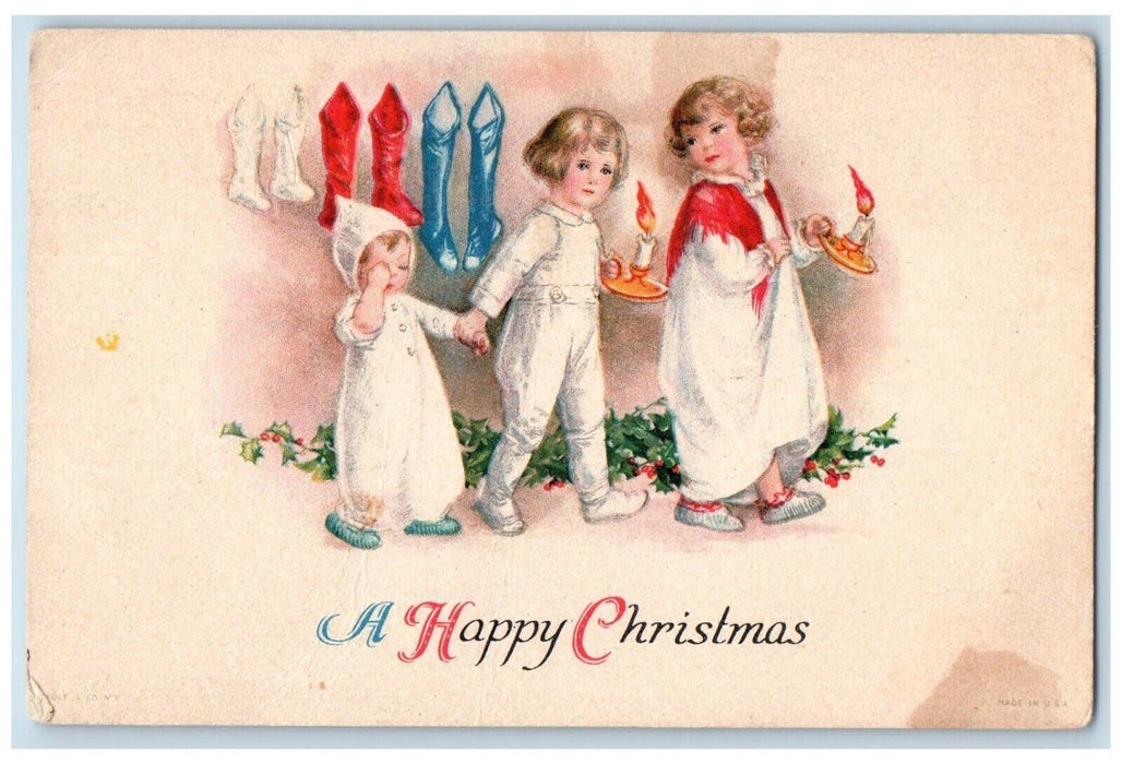 c1910's Christmas Children Candles Hanging Stockings Wolf Clapsaddle Postcard