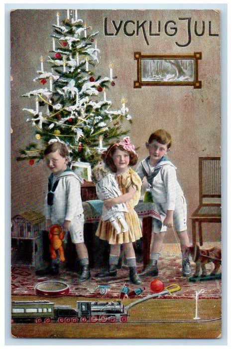 c1910's Christmas Tree Candle Lights Decor Childrens Train Toys Antique Postcard