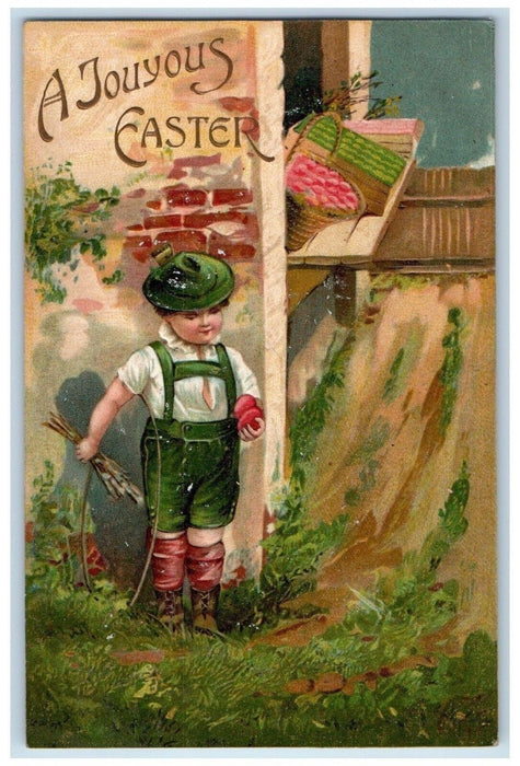 1909 Joyous Easter Boy Egg Hunt Embossed Saint Joe Indiana IN Antique Postcard