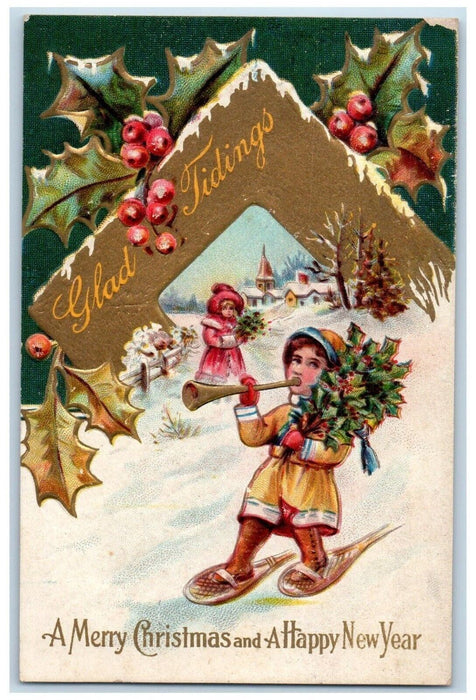 c1910's Christmas And New Year Children Flute Berries Winter Snow Postcard