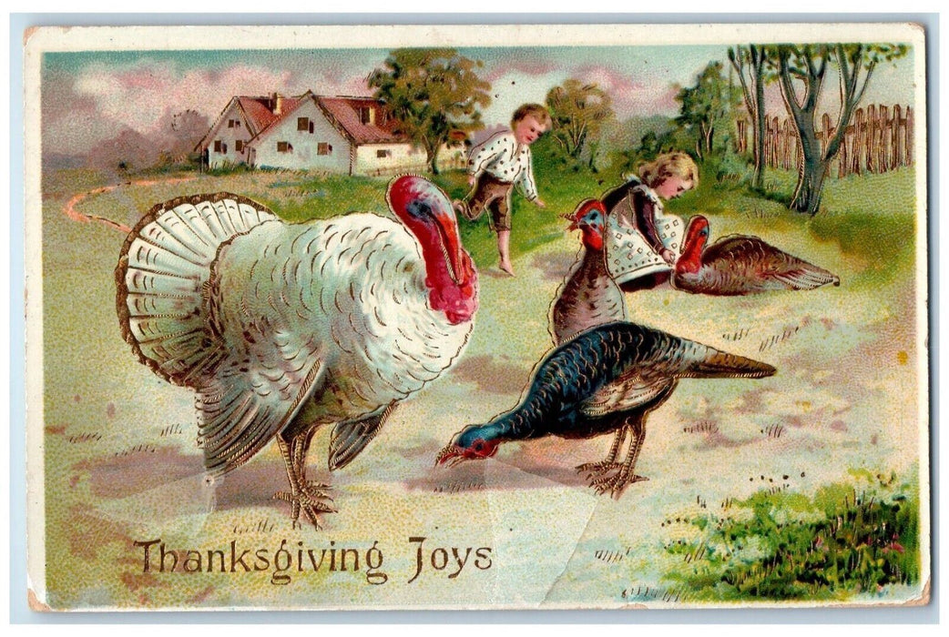 1911 Thanksgiving Joys Turkeys Children Gel Gold Gilt Embossed Antique Postcard