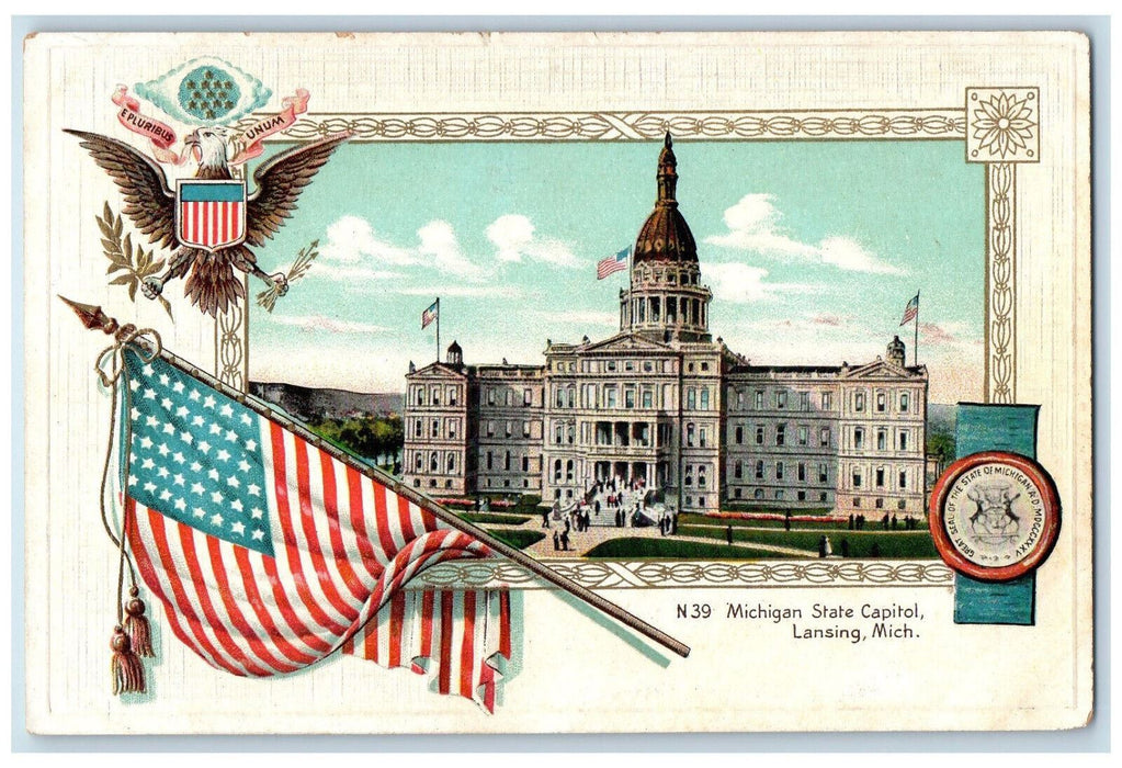 c1910 Michigan State Capitol Lansing Michigan MI US Flag Eagle Postcard