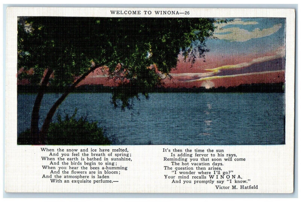 c1930's Welcome to Winona Poem Message Winona Lake Indiana IN Postcard