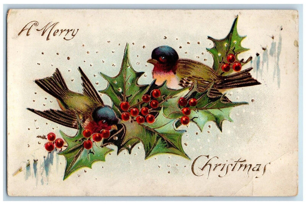 1911 Merry Christmas Holly Berries Bird Gel Gold Gilt Embossed Antique Postcard