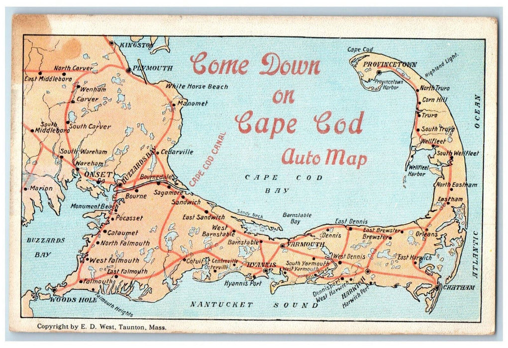 Greetings "Come Down On Cape Cod Auto Map" Massachusetts MA Vintage Postcard