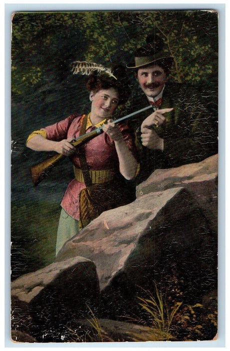 c1910's Couple Hunting Forest Rifle Gun Latvia Russia Posted Antique Postcard