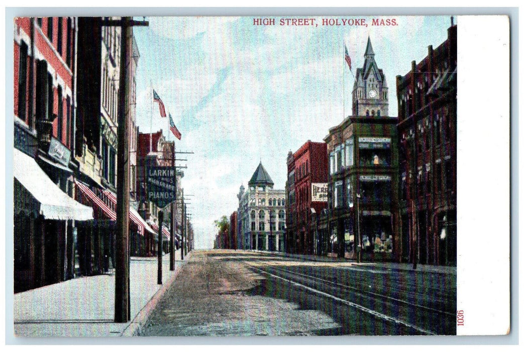 High Street Holyoke Massachusetts MA, Larkin Pianos Stores Shop ScenePostcard