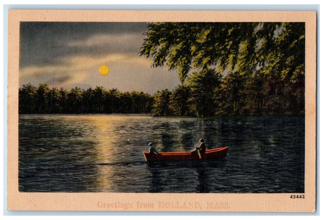 Greetings From Holland Massachusetts MA, Moon Night Scene Boat Canoeing Postcard