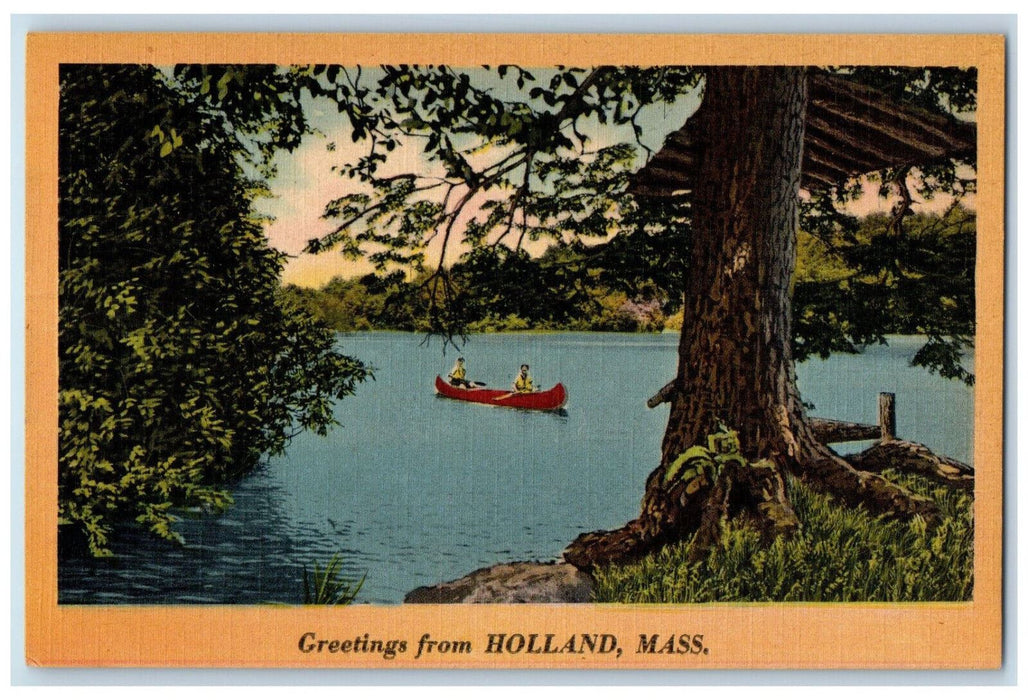 Greetings From Holland Massachusetts MA, Boat Canoeing Scenic View Postcard