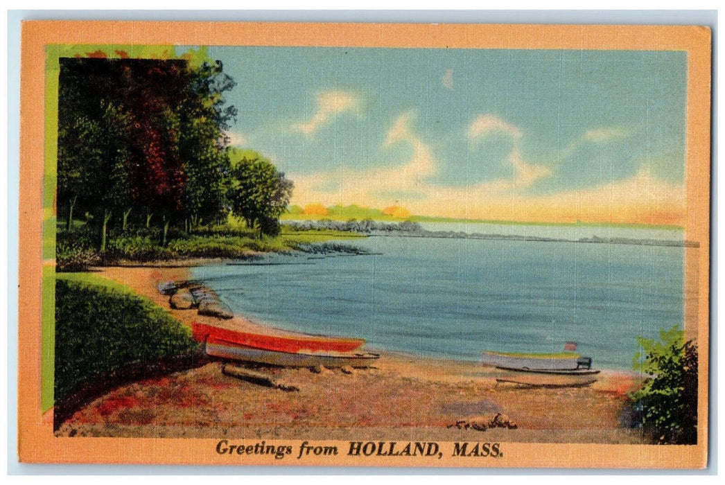 Greetings From Holland Massachusetts MA, Boats Trees Sea Shore Scene Postcard