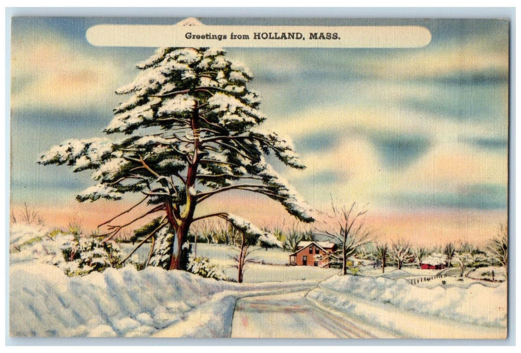 Greetings From Holland Massachusetts MA, Winter Snow Scene Vintage Postcard
