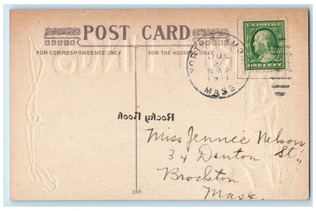 1911 Greetings From Rocky Nook Massachusetts MA, Seashell Sailboat Postcard