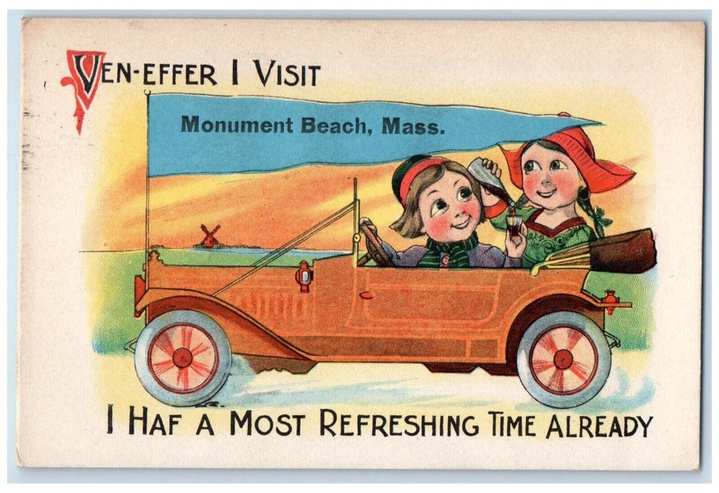 1915 Greetings From Monument Beach Massachusetts MA, Car Humor Vintage Postcard