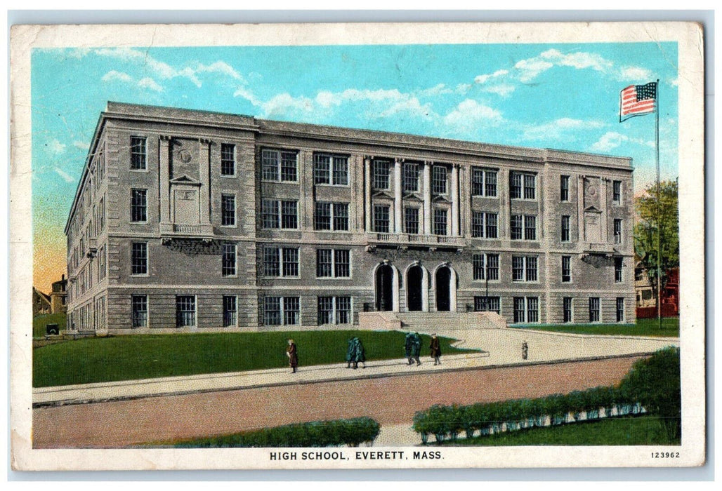 1930 High School Building Exterior Scene Everett Massachusetts MA Postcard