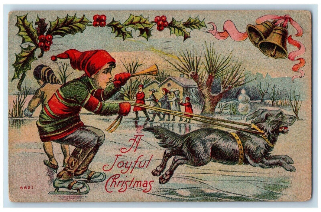 1910 Christmas Boy Ice Skating Flute Dog Grand Rapids Michigan MI Postcard