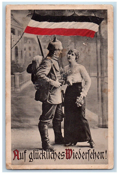 c1910's Couple Romance Goodbye WWI Flag German Soldier Mail Antique Postcard
