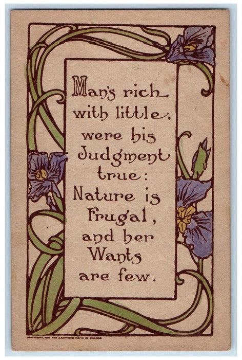 c1910's Raymond Howe Motto Purple Flowers Arts Crafts Unposted Antique Postcard