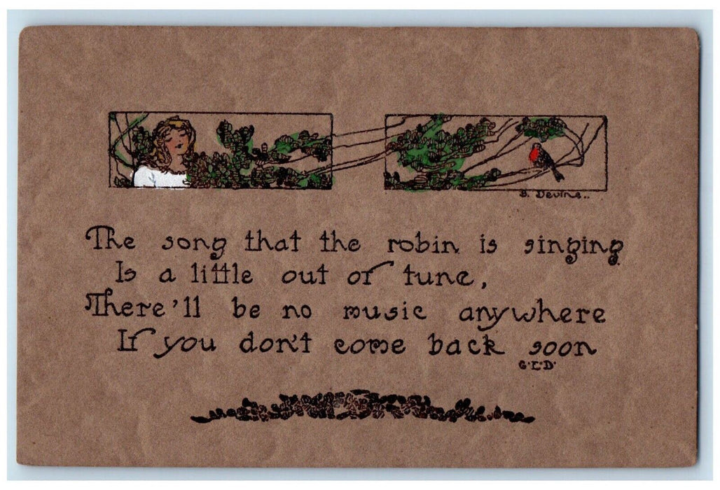 c1910's Raymond Howe Motto Song Bird Arts Crafts Unposted Antique Postcard