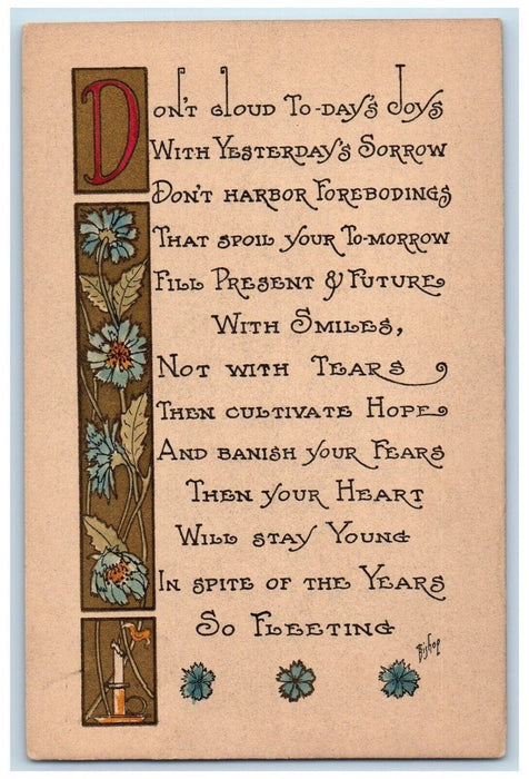 c1910's Raymond Howe Motto Flowers Candle Arts Crafts Unposted Antique Postcard