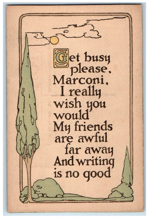 c1910's Trees And Sun View Get Busy Motto Arts Crafts Embossed Antique Postcard