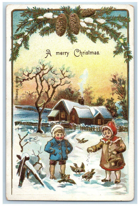 c1910's Christmas Pine Cone Woman Feeding Birds Winter Embossed Antique Postcard