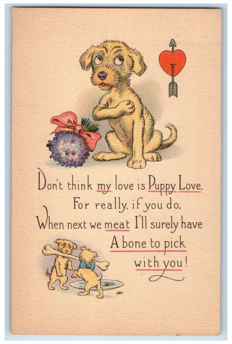 c1910's Valentine Poem Puppy Love Heart With Flowers Bone Antique Postcard