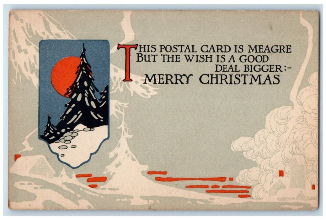 c1910's Merry Christmas Pine Trees Moon Arts Crafts Posted Antique Postcard