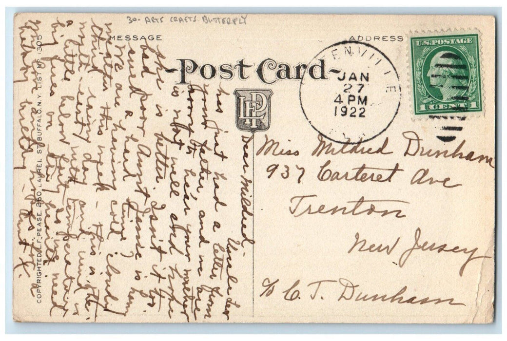 1922 Birthday Wishes Message Butterfly Flowers Arts Crafts Antique Postcard