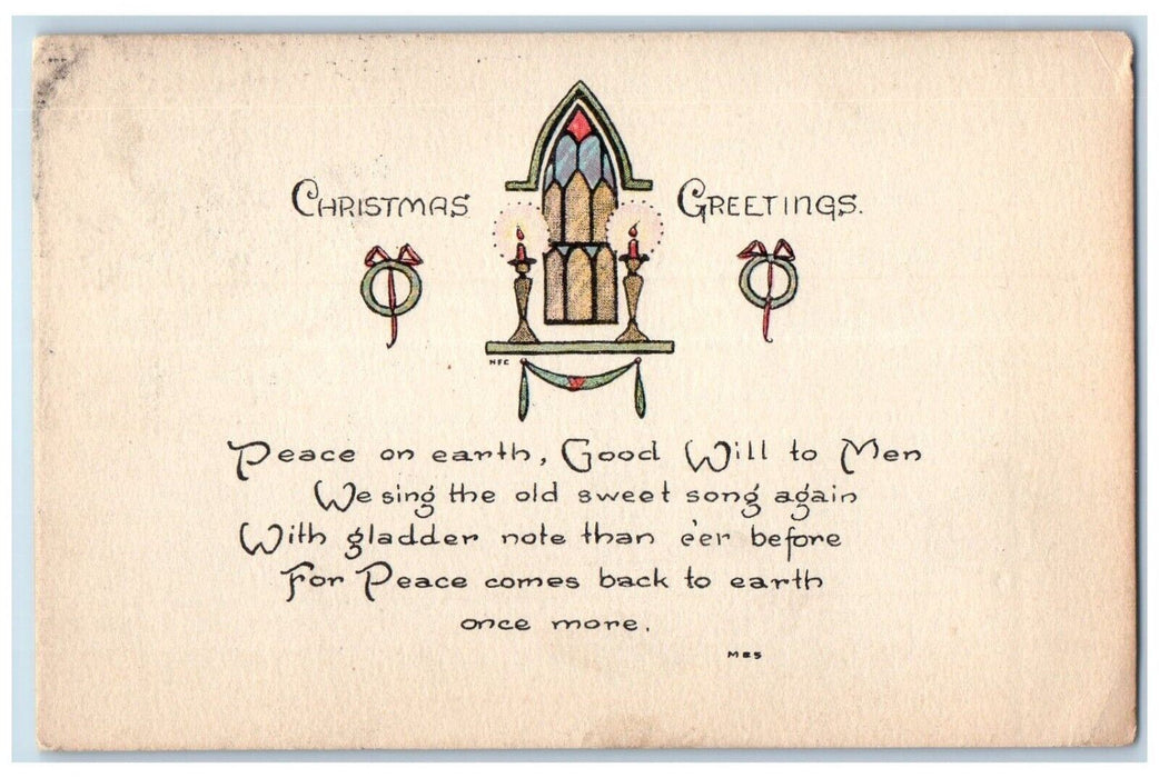 c1910's Christmas Greetings Whreat Candles Arts Crafts Sanford Antique Postcard