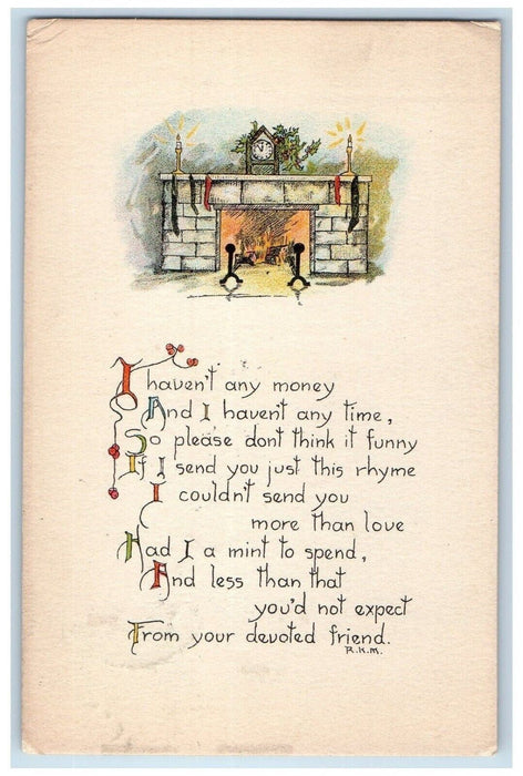 1919 Christmas Poem Hanging Stockings Candles Clock Arts Crafts Antique Postcard