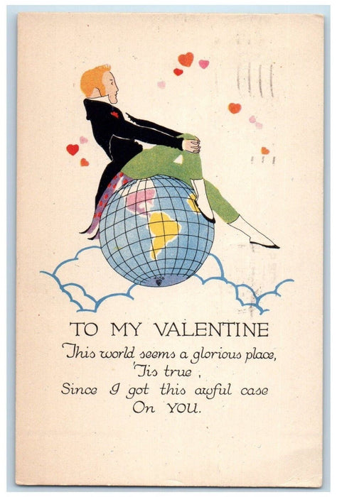 1921 Valentine Man On Top Of Globe Hearts Arts Crafts Newark NJ Antique Postcard