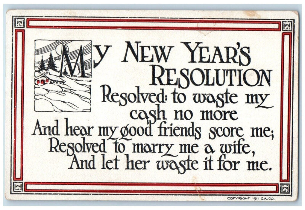 c1910's New Years Resolution Arts Crafts Gibson Unposted Antique Postcard