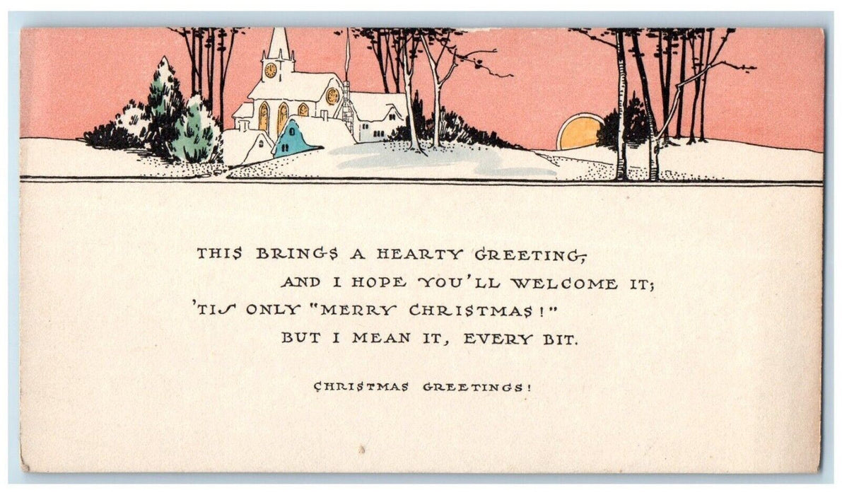 c1905 Christmas Greetings House Winter Moon Tower Clock Arts Crafts Postcard