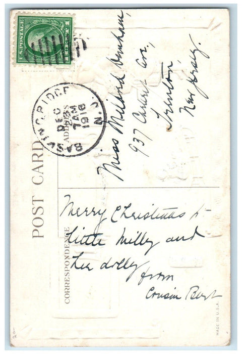 1916 Christmas Woman Handwarmer Holly Berries Winter Embossed Antique Postcard