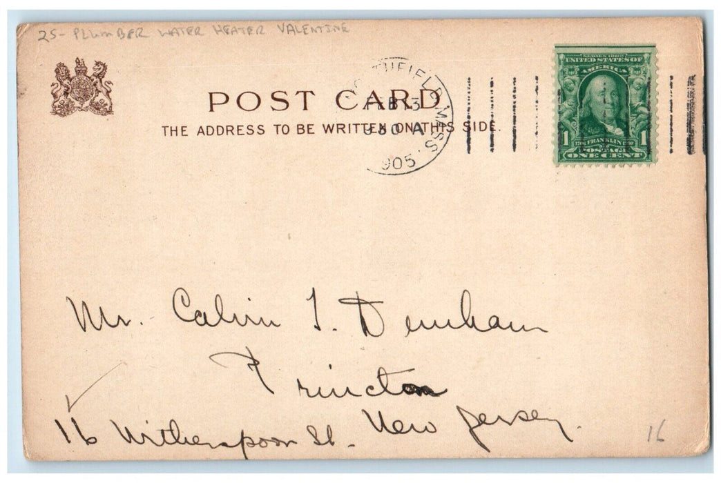 1905 Valentine Plumber Water Heater Northfield Massachusetts MA Antique Postcard