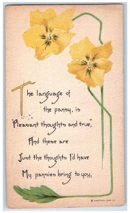 1914 Yellow Pansies Flowers Message Arts Crafts Sanford Posted Antique Postcard
