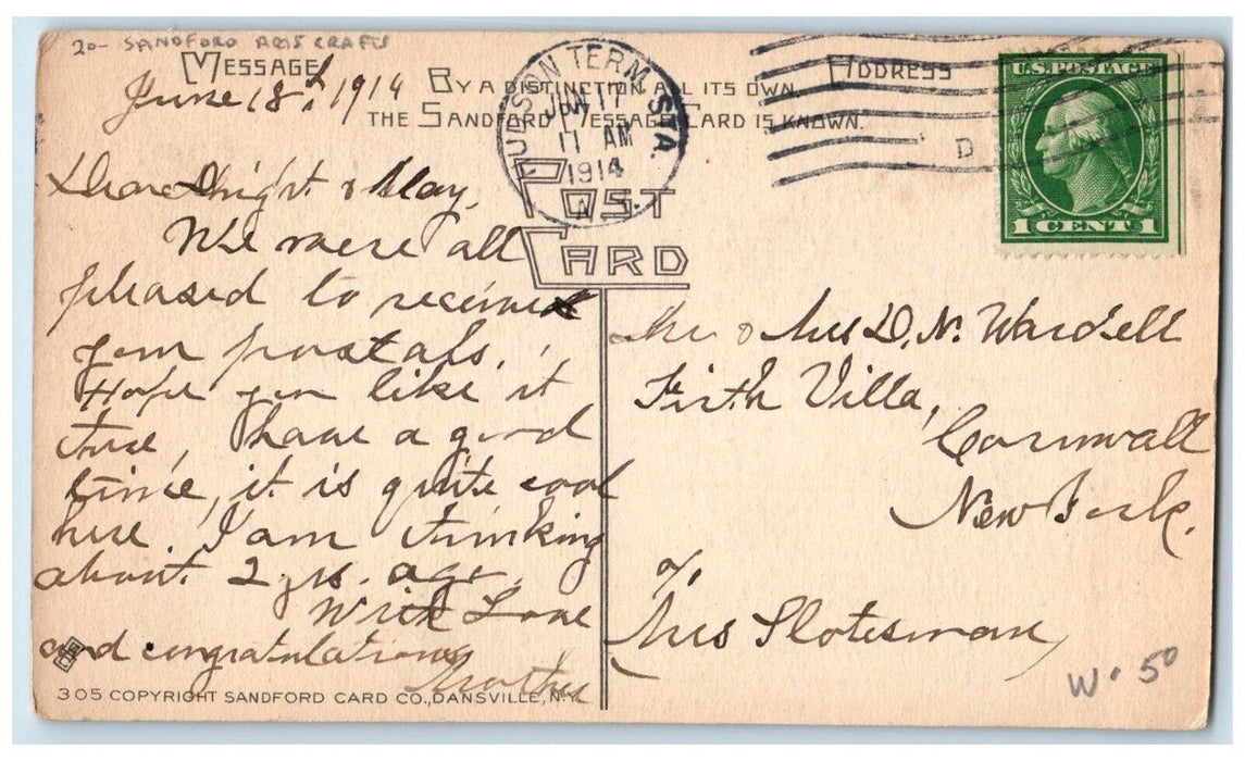 1914 Yellow Pansies Flowers Message Arts Crafts Sanford Posted Antique Postcard