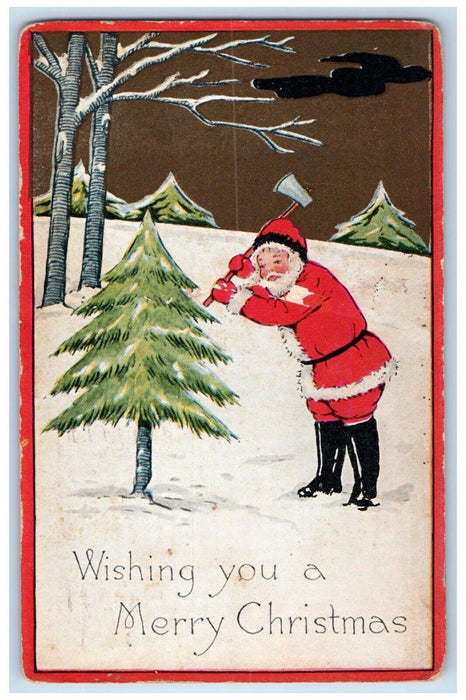 1916 Christmas Santa Claus Ax Cutting Pine Tree Winter Arts Crafts Postcard