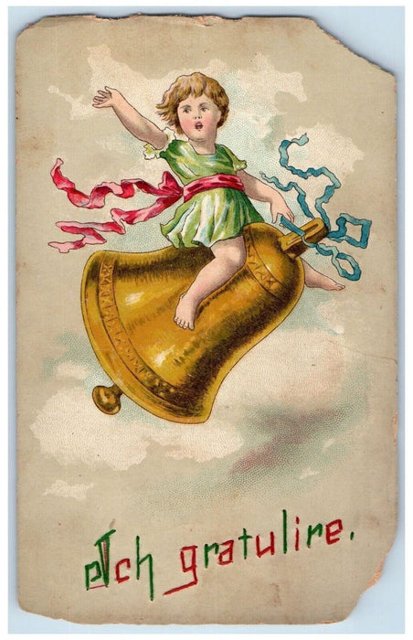 c1905 Congratulations Hand Sewn Thread Stitched Girl On Top Of Bell Postcard