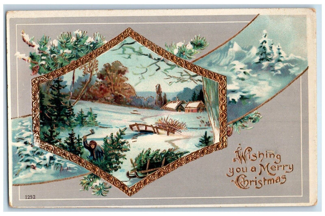 1910 Christmas Pine Cone House Winter Gel Gold Gilt Embossed Groton NY Postcard