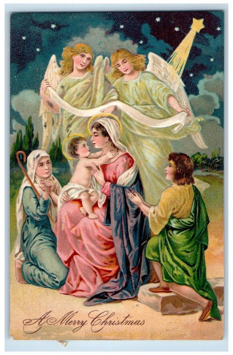 1909 Christmas Mary Baby Jesus Angels Religious Amsterdam New York NY Postcard