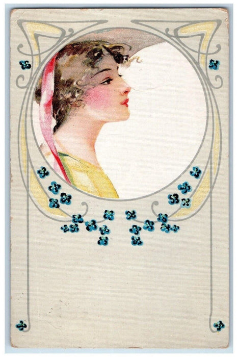 1909 Pretty Woman Flowers Art Nouveau Marathon New York NY Antique Postcard