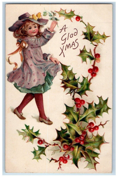 c1910's Christmas Little Girl Holding Mistletoe Berries Nash Embossed Postcard
