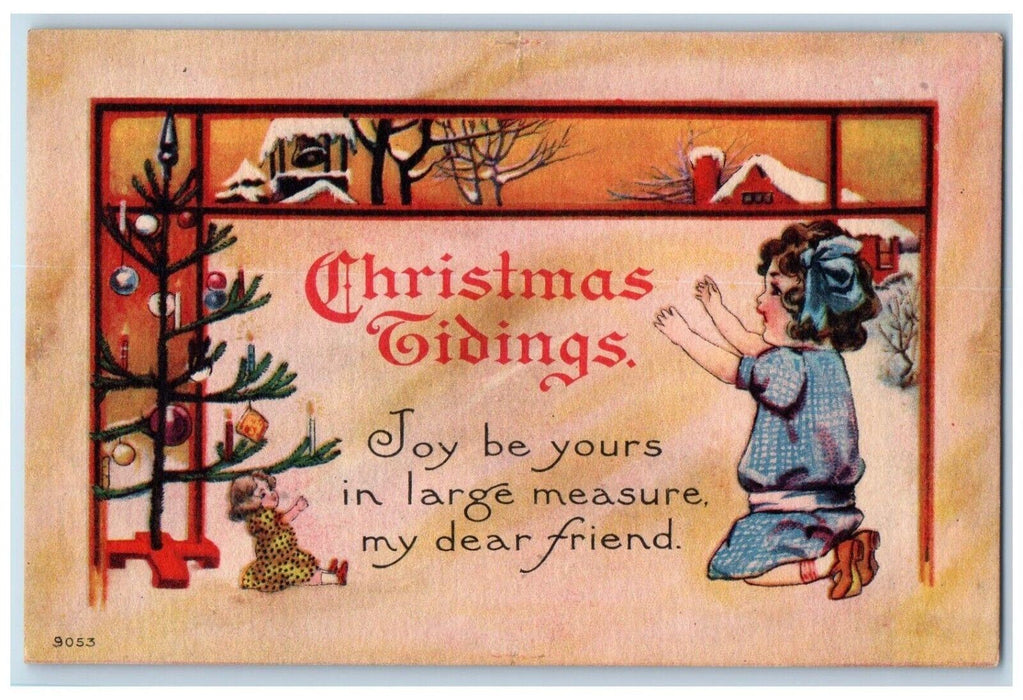 c1910's Christmas Tree Tidings Little Girl Bended Knee Toys Antique Postcard