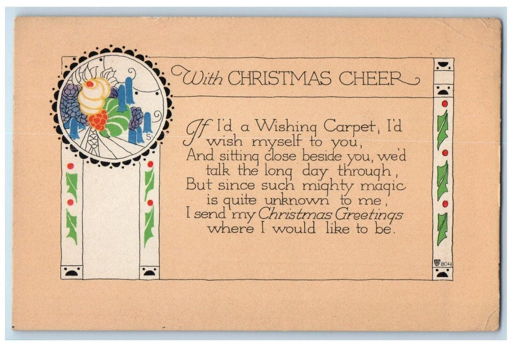 1920 Christmas Greetings Message Volland Winter Hill Massachusetts MA Postcard