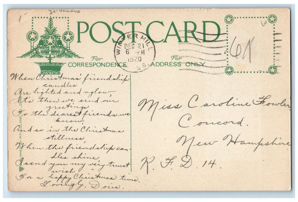 1920 Christmas Greetings Message Volland Winter Hill Massachusetts MA Postcard