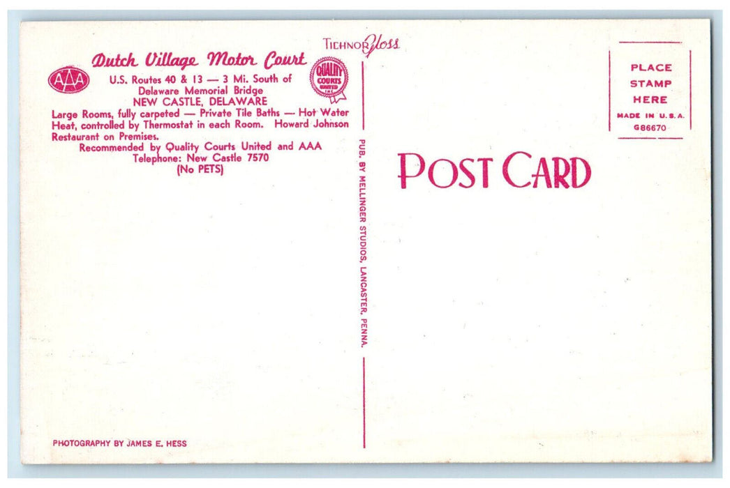 c1950's Dutch Village Motor Court New Castle Delaware DE Vintage Postcard