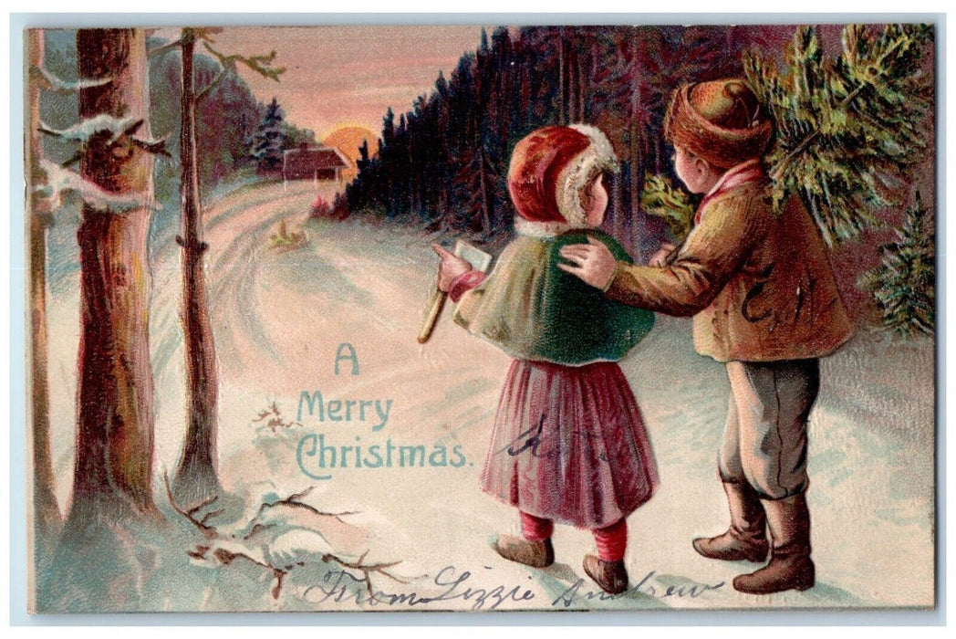 1906 Christmas Children Ax Cut Pine Tree Going Home Winter Embossed Postcard